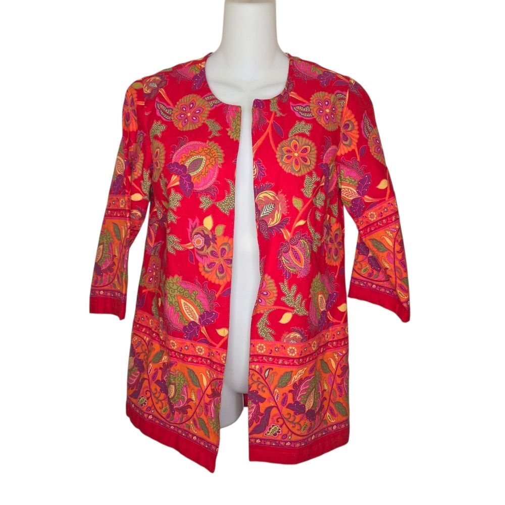 Coldwater Creek Vibrant Linen Blend Floral Open Front Jacket Size PXS